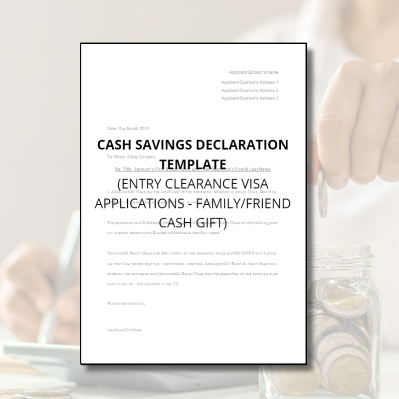 Cash Savings Declaration Template (UK Partner Visa Entry Clearance)