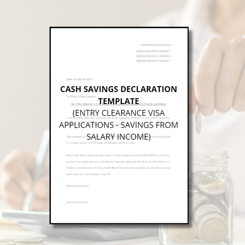 Cash Savings Declaration Template (UK Partner Visa Entry Clearance)