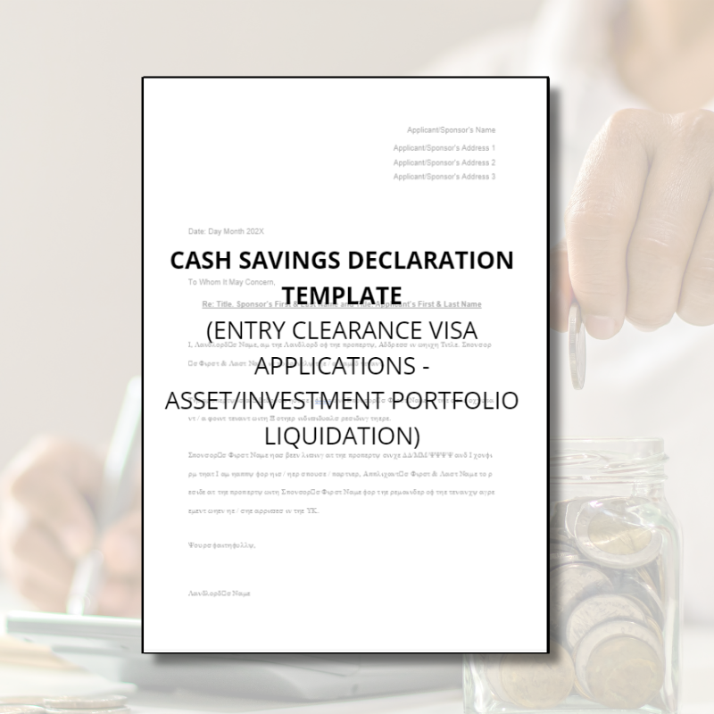 Cash Savings Declaration Template (UK Partner Visa Entry Clearance)