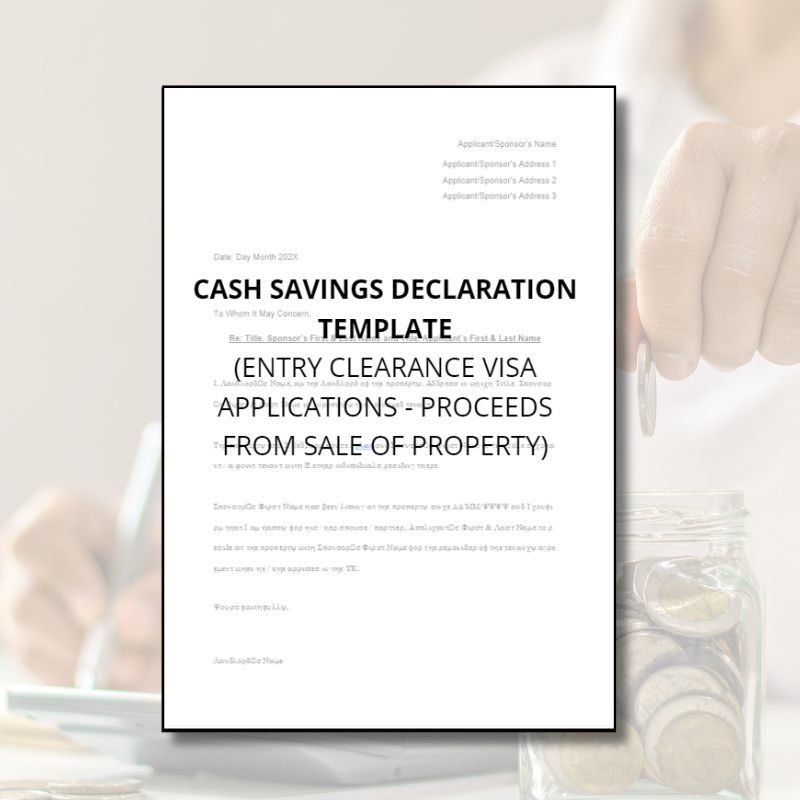 Cash Savings Declaration Template (UK Partner Visa Entry Clearance)