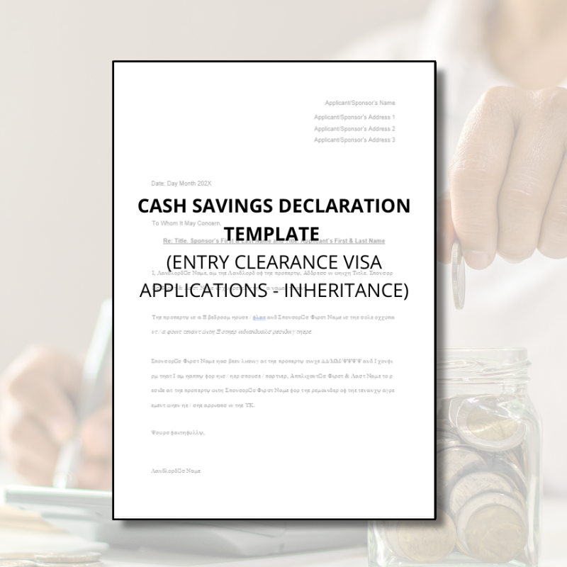 Cash Savings Declaration Template (UK Partner Visa Entry Clearance)